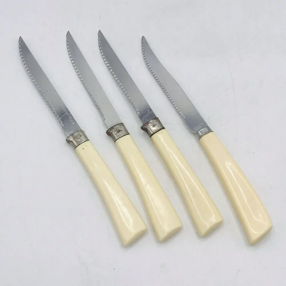 Lot of 4 VTG Stainless Ivory Handle Kitchen Steak Knives 3 Forgecraft 1 Quikut